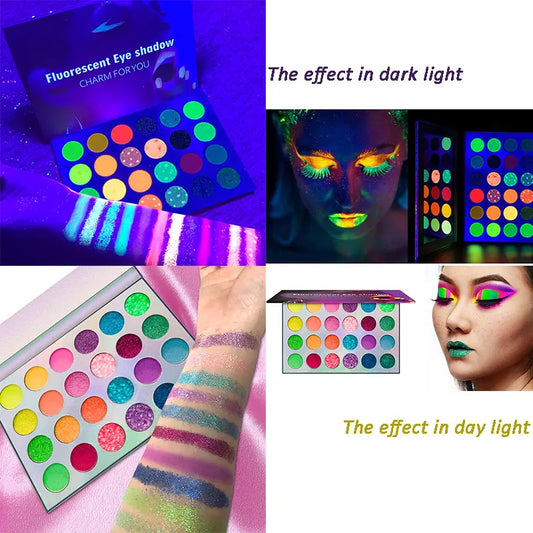 Blacklight UV Glow in Dark Fluorescent Eyeshadow Palette Stage Clubbing Neon Makeup Palette 24Colors Pigment Luminous Eye Shadow